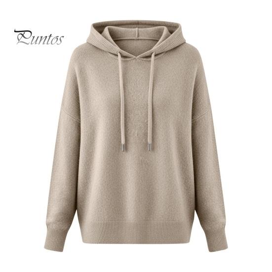 Hooded Tops Women Sweater Adjustable Drawstring Long Sleeve Knitting Casual Loose Fit Solid Color Pullover Knitwear Daily Wear Breathable