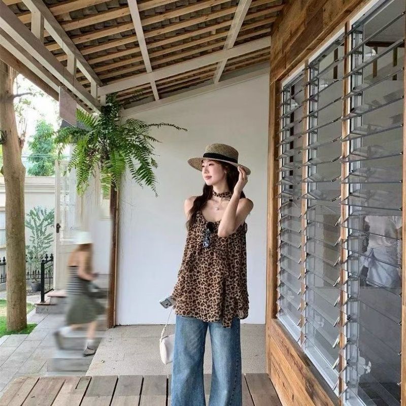 Sweet and cool babes leopard print streamer vest suspender women's summer design retro ruffle edge loose sleeveless top