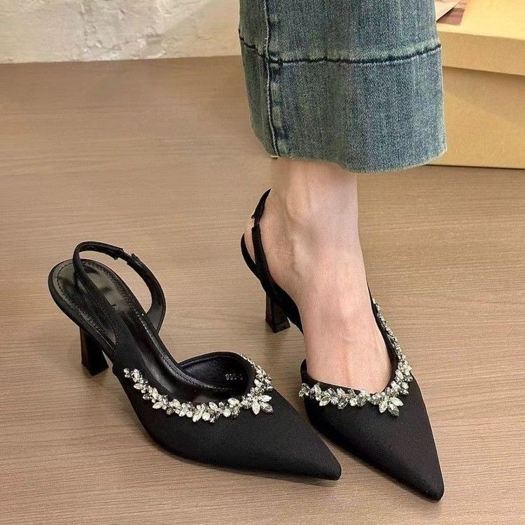 Korean version of Xiaoxiangfeng pointed head thin heel high heels spring and summer daily rhinestone bag head fairy sandals