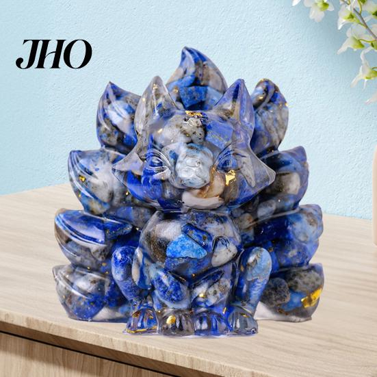 Desktop Fox Figurine Natural Stone Nine-tailed Foxes Positive Healing Energy Hand-carved Colorful Faux Ornament Crystal Sitting Animal Statue