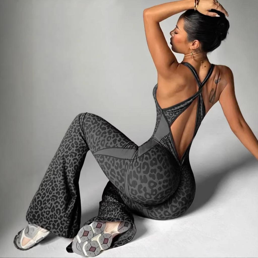 Neuer Jumpsuit mit Kreuzrücken und Leopardenmuster, ausgestellte Hosen, nahtlose Yogahose für den täglichen Gebrauch und Outdoor-Sportarten
