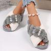 Fashion Pearls Crystal Plush Slippers Women Fashion Cross Band Slip On Cotton Slippers Woman Winter Faux Fur Warm Slides Female Comfort