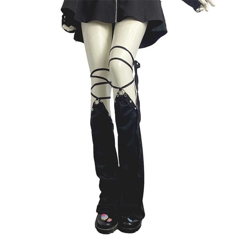 Women Punk Black Flared Foot Covers with Eyelets Lace Up Straps Japanese Harajuku Leg Warmers Long Tube Socks Streetwear