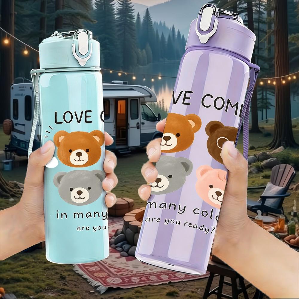 1PC Love Comes Teddy Bear 750ml Color Plastic Sports Water Bottle Leakproof Flip Straw Lid Suitable for Sports Office Home Use