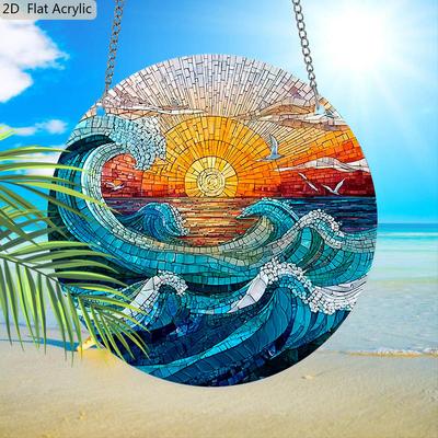 Acryl Ozeanwelle Sonnenuntergang Fensteranhänger Glasmalerei-Effekt Fensterdekoration Strandliebhaber Geschenke