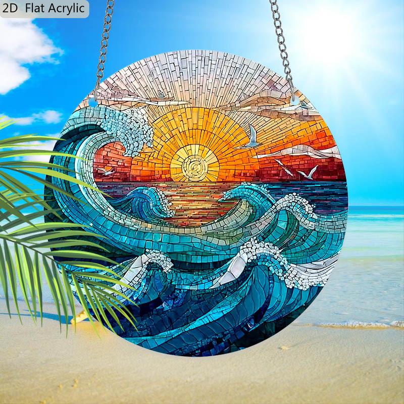 Acrylic Ocean Wave Sunset Suncatcher Stained Glass Effect Window Hanging Ornament Beach Lover Gifts
