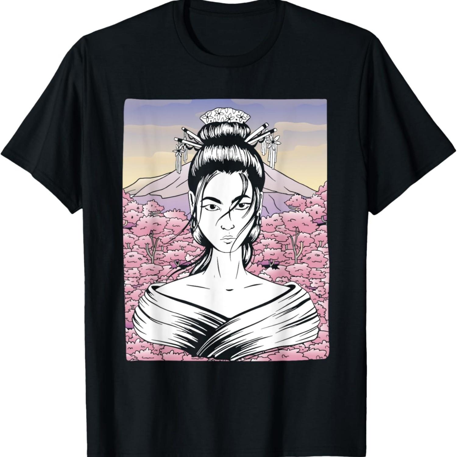Mount Fuji Cherry Blossoms Geisha  Sakura T-Shirt S