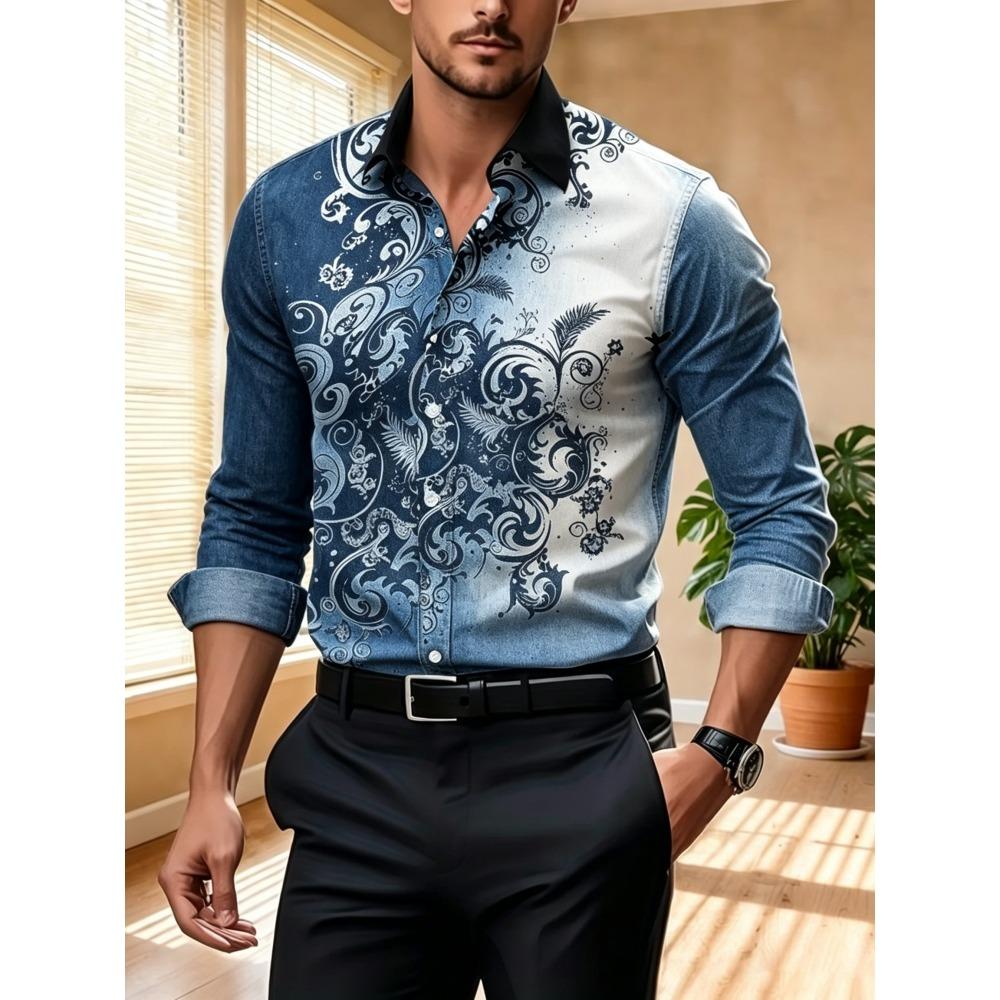 Men's Contrasting Baroque Printed Long Sleeved Shirt, Slim Fit Collar Shirt, European and American Party Trend Men's Top