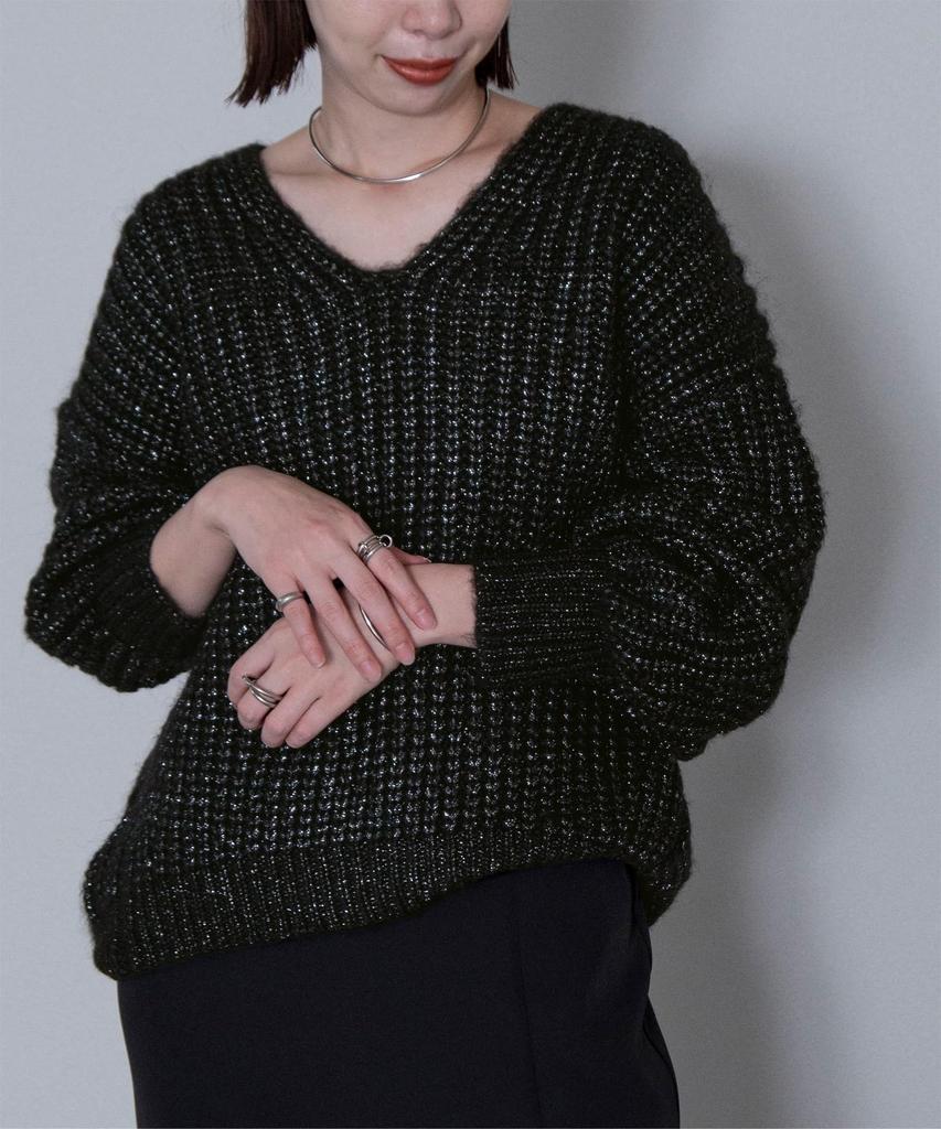 Yours Low Gauge Oversized Knit BEXU1699 L Black Lamé V-Neck Women's