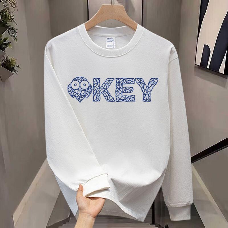 Long-Sleeved T-Shirt Light Luxury Round Neck Green Men'S Trendy Brand European Pure Cotton Trendy Printing Niche Fashion High-End T-Shirt