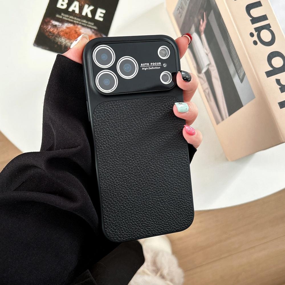 

Luxury Litchi PU Leather Texture Phone Case For iPhone 17 16 15 14 13 Pro Max Large Window Shockproof Solid Color Original Cover iPhone17 Pro Max