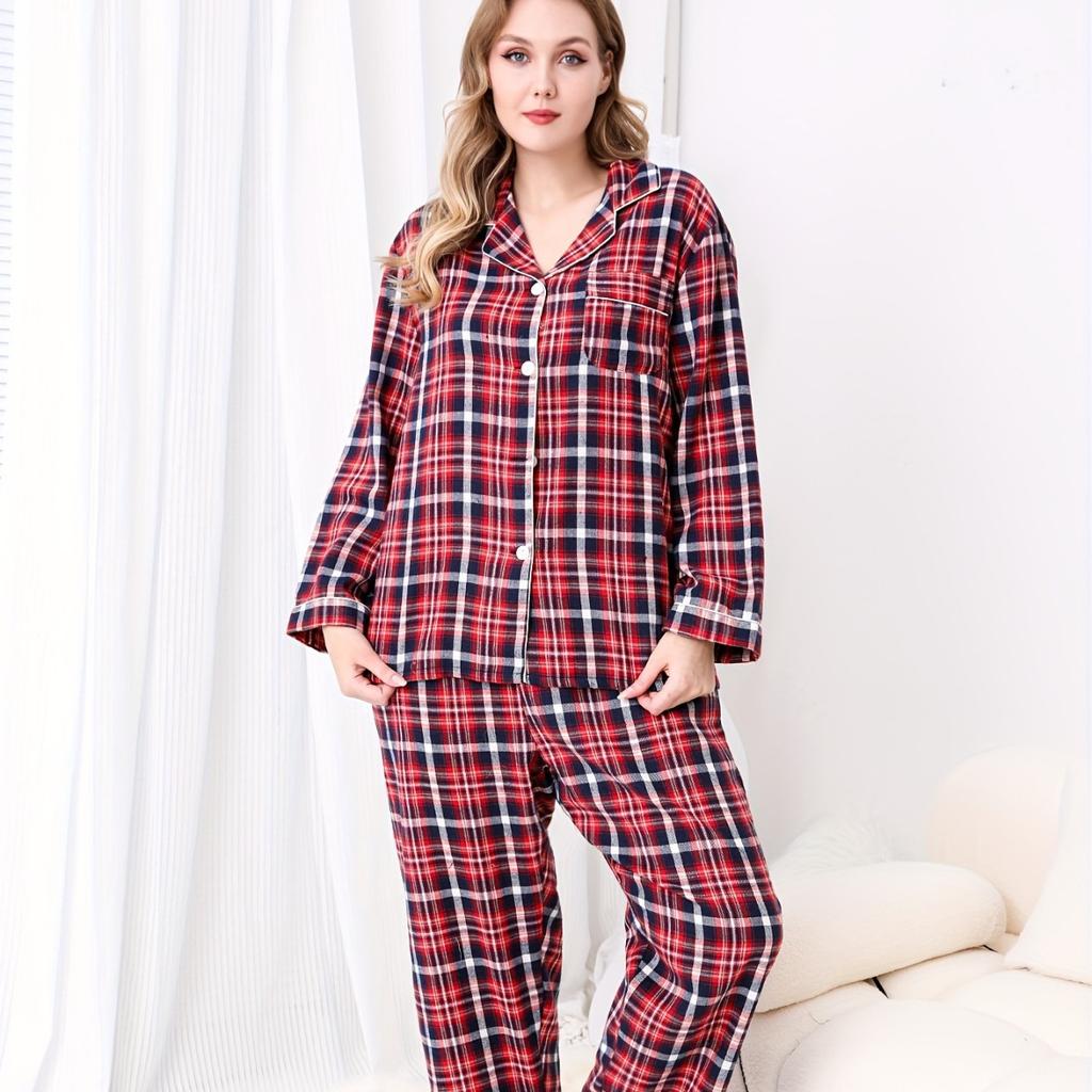 Large size women's double long white and red plaid thermal home pajamas set