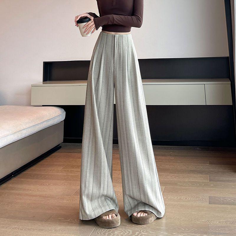 Women's Striped Wide-Leg Pants, Spring/Autumn 2026: Slimming High-Waisted, Floor-Length Drapey Casual Suit.