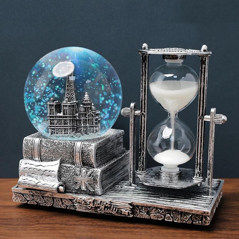 Vintage Eiffel Tower Hourglass Timer Crystal Ball Musical Box Illuminated Desk Decor 15 Minute Hourglass For Students Graduation Christmas Gift