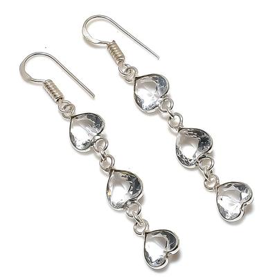 Natural White Topaz Gemstone Handmade 925 Sterling Silver Earring 2.36" t5G39