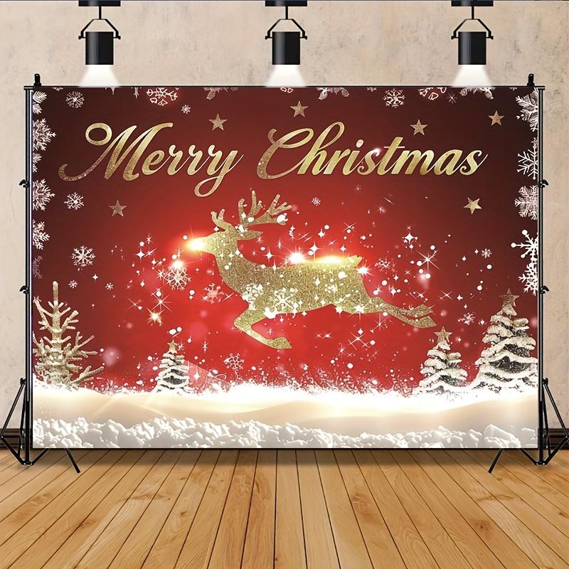 Christmas atmosphere background cloth: golden red with snowflakes Christmas tree and shiny reindeer 180X110