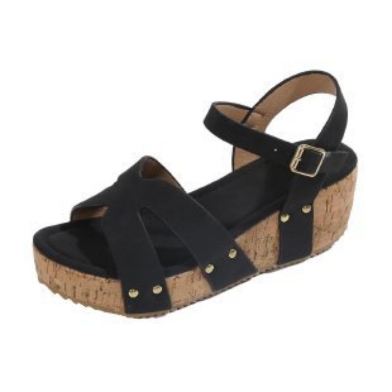 Large size rivet high heel sandals women's flat bottom wedge heel round head thick sole one-button sandals women