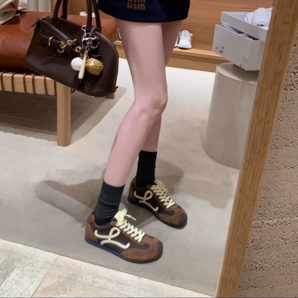 Cowhide Version~ Flat Bottom Inner Height Increase Retro Forrest Gump Shoes Round Head Casual Shoes Women's Lace-up German Training Shoes Sports Sho