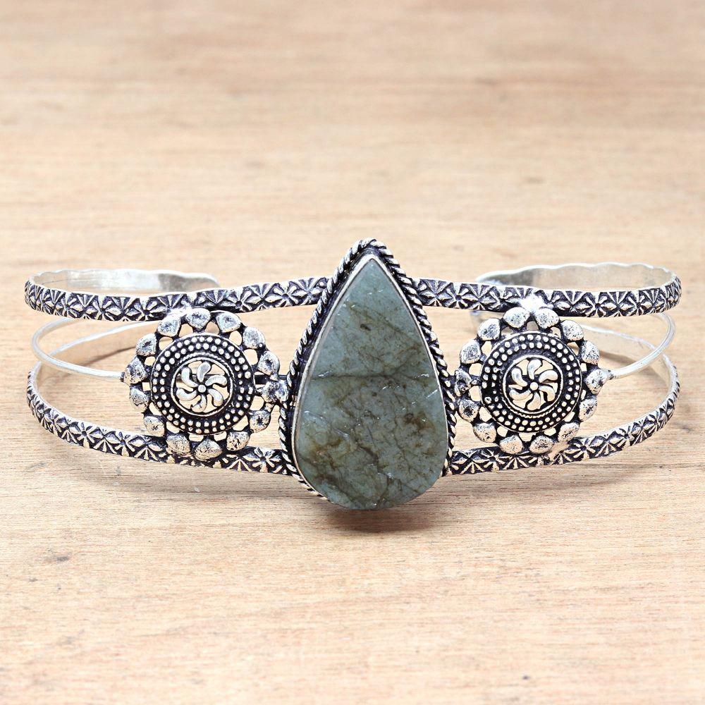 Bracelets manchettes ethniques en pierres précieuses labradorite drusy, réglables, 17,8 cm
