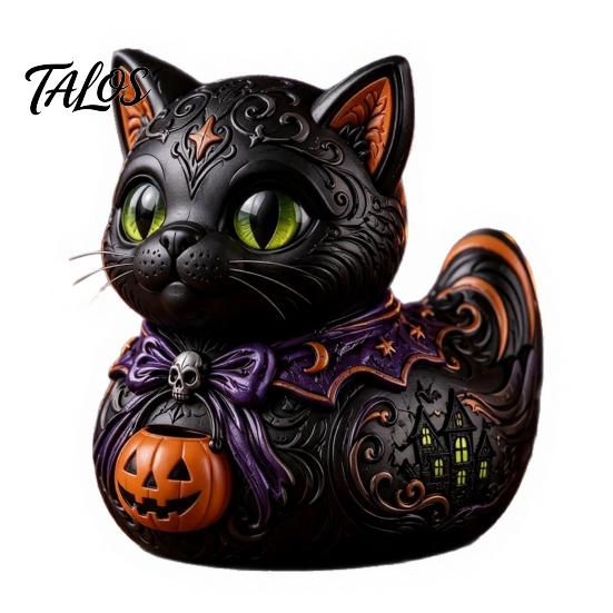 Resin Animal Ornament Midnight Witches Cat Duck Figurine, Spooky Black Statue Home Accents with Pumpkin Lantern, Halloween Decoration for Tabletop