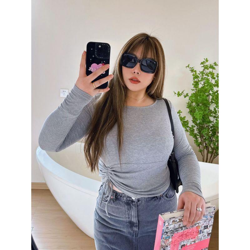 

Miss Biggie Fashion Plus Size Slim Looking All-Matching Comfortable Front Drawstring off-Neck Long Sleeves Knitting T-shirt Melange gray XXL
