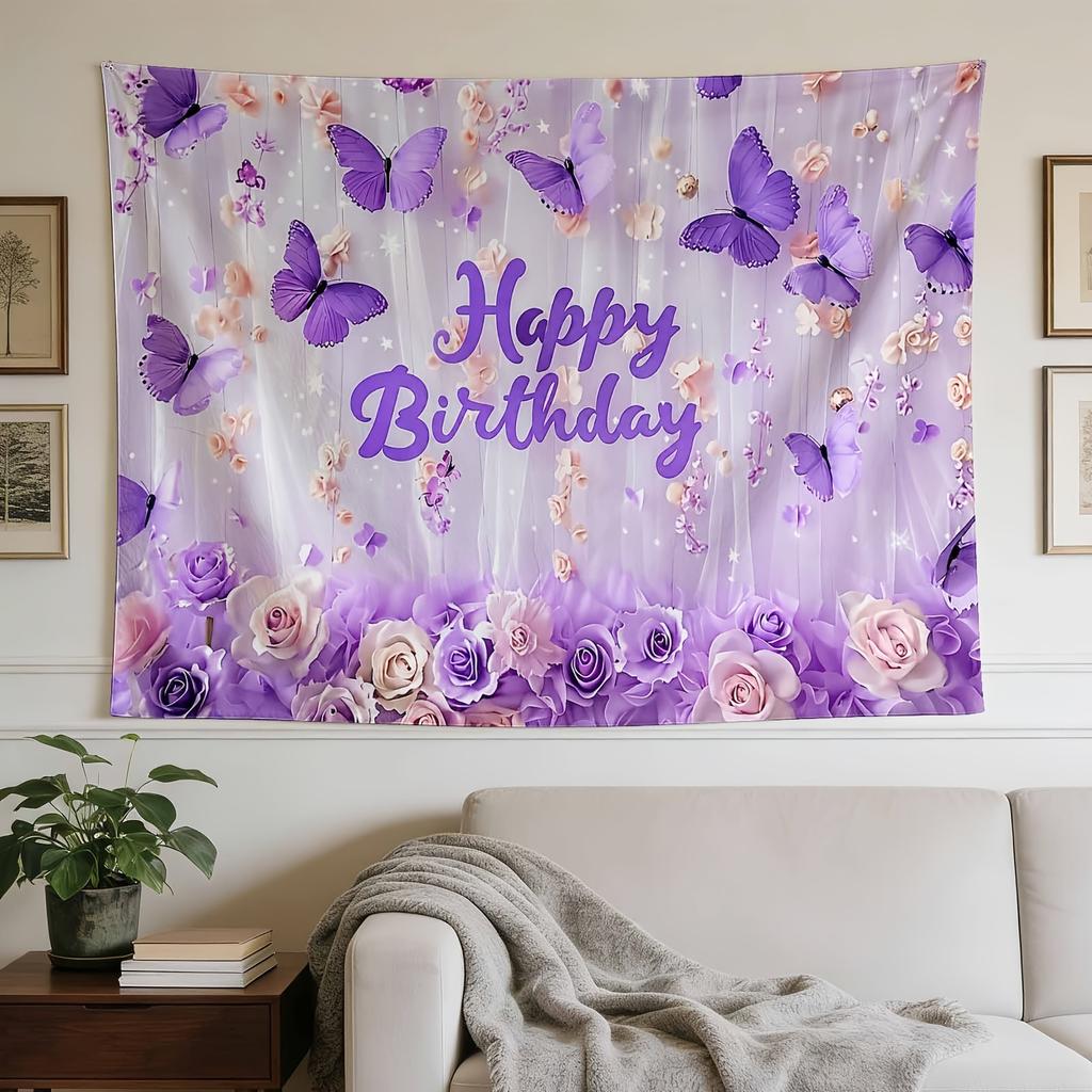 Exquisite Tapestry with Purple Butterfly Birthday Celebration Pattern, Ideal for Living Room Bedroom Office Decor and Home Party Wall Decoration