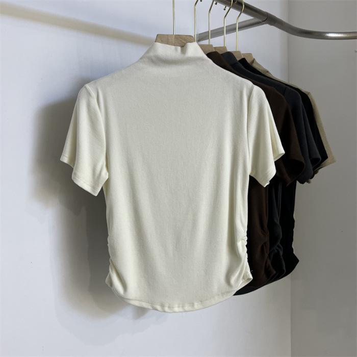 

Модальный хлопок 1 * 1 плиссированная талия водолазка с коротким рукавом женская короткая M белый