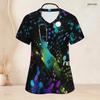 Women Plus Size V Neck Short Sleeve Black Multicolor Printed Nurse Scrub Top With Front Pockets