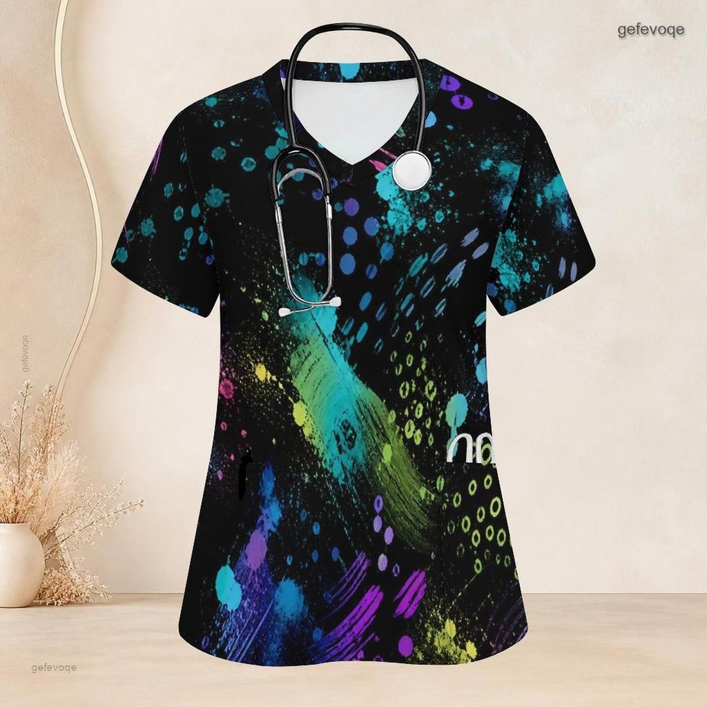 Women Plus Size V Neck Short Sleeve Black Multicolor Printed Nurse Scrub Top With Front Pockets