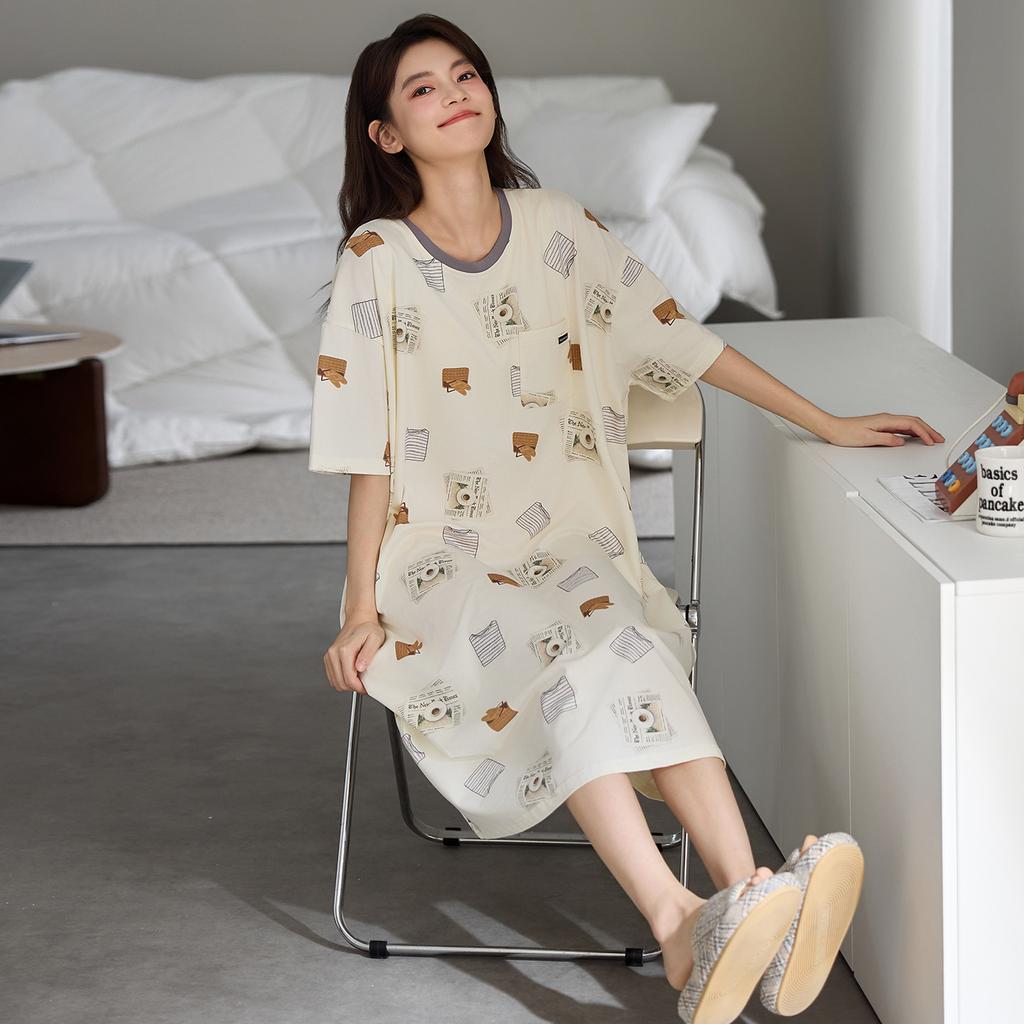 1011 New Nightdress with Chest Pad Women's Summer Pure Cotton Short-sleeved Thin Striped Medium and Long Pajamas Loungewear Skirt