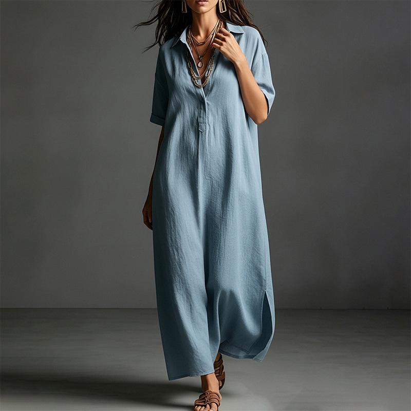 Summer Casual Solid Color Short Sleeve A Line Maxi Dress