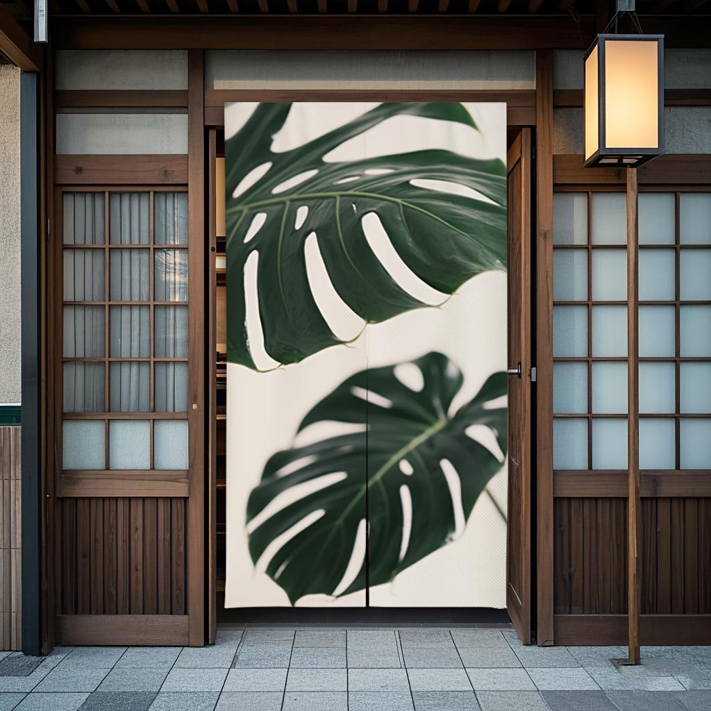 

[2D Door Curtain] Artificial Linen Tropical Leaf Print Door Curtain - No-Drill Adhesive Installation, Elegant European Style Dec 65x100cm26x39in
