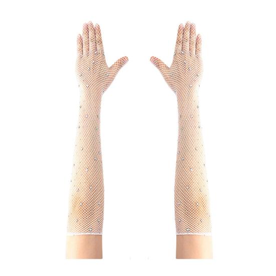 Long Rhinestone Fishnet Gloves for Women Sparkly Mesh Elbow Length Gloves for Rave Party Halloween Wedding Costume Accessories