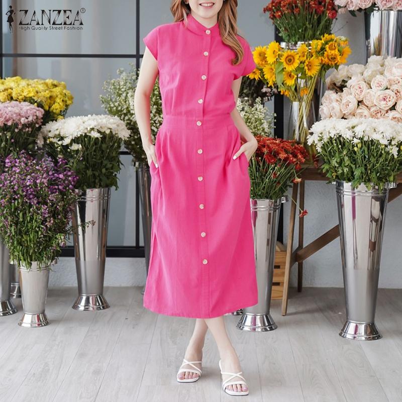 

ZANZEA Летние женские прямые платья с круглым вырезом и короткими рукавами
