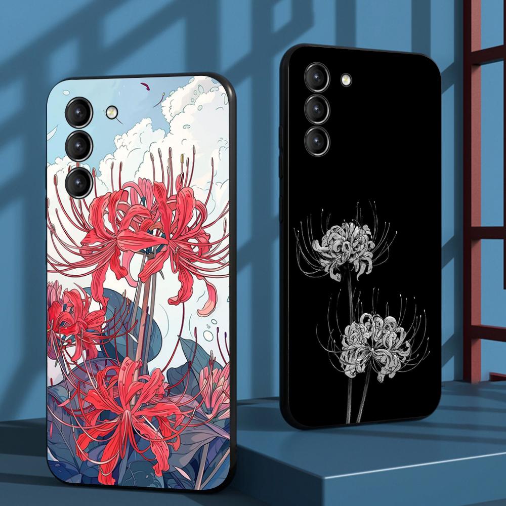 Japan art red spider lily pattern Phone Case For Samsung Galaxy S26 S25 S24 S23 S22 S21 Plus Ultra Note20 Soft Black
