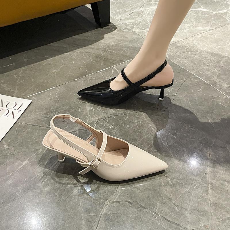 Fashion high heels women's pointed head 2025 new autumn patent leather back empty temperament single shoes black thin heel summer sandals