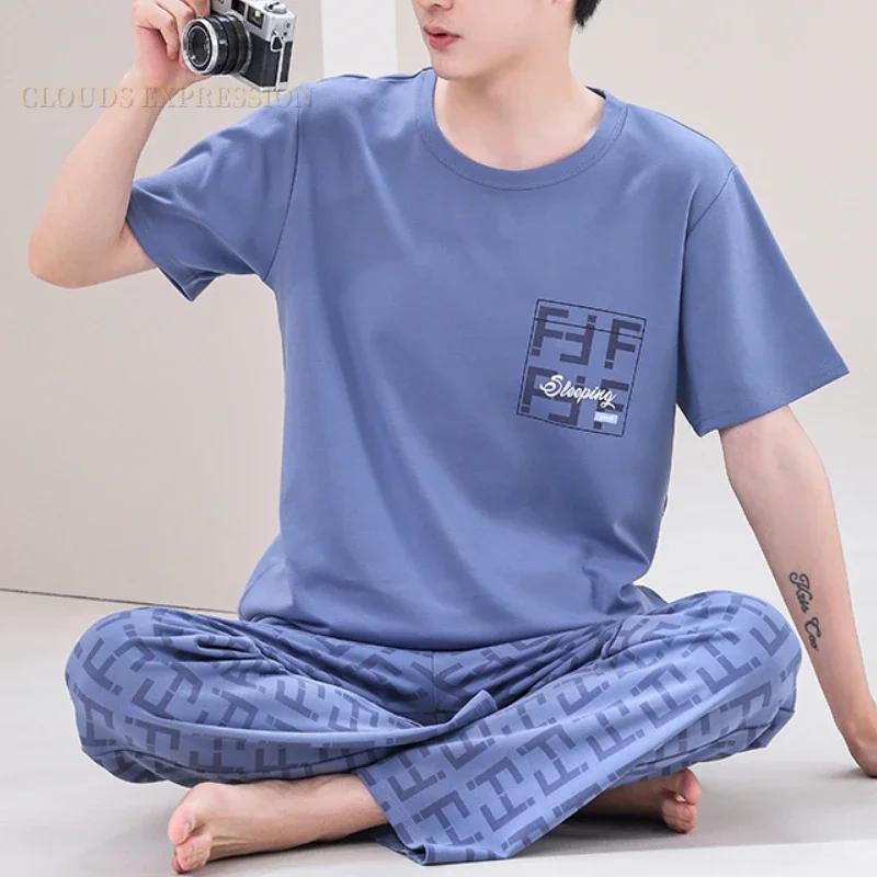 Summer Elegant Men Pyjamas Knited Plaid Pajamas Set Long Pants Sleepwear Pyjamas Night Suits