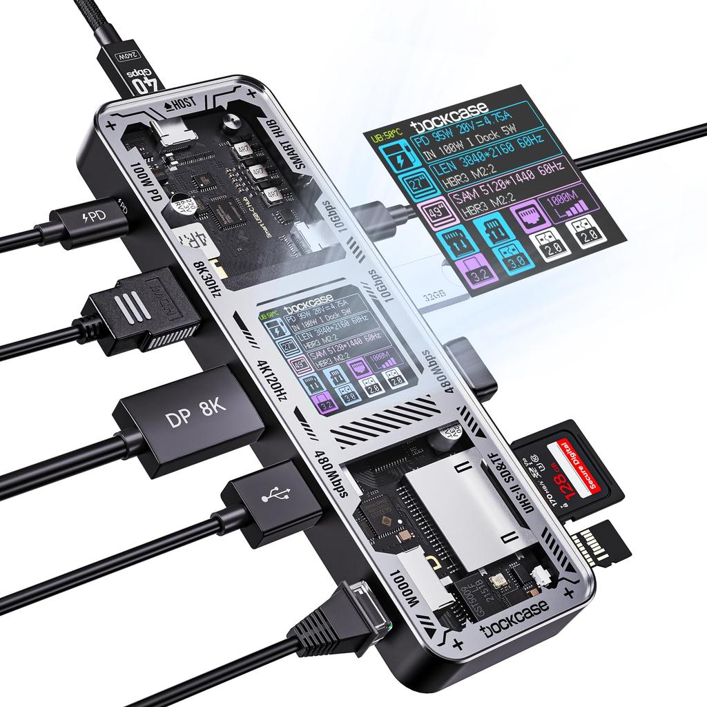 DOCKCASE usb c hub skeleton HDMI Gigabit and 10Gbps data 100w PD quick slot Compatible with MacBook 10-in-1 design, 4K@60Hz & DP, Ethernet, USB-C