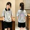 Korean Style Girls' Patchwork Lapel Polo Two-Piece Set: Casual Summer Short-Sleeve Shirt for Medium and Large Children.