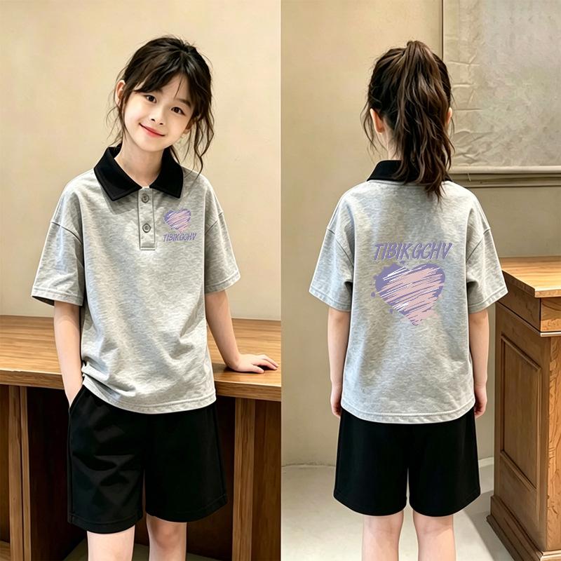 Korean Style Girls' Patchwork Lapel Polo Two-Piece Set: Casual Summer Short-Sleeve Shirt for Medium and Large Children.