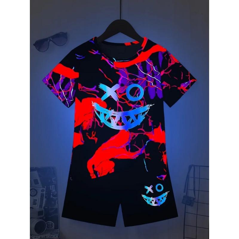 Boys Girls Luminous Little Dinosaur Print Short Sleeve T-shirt and Elastic Waist Shorts Comfortable and Skin-friendly Pajama Set