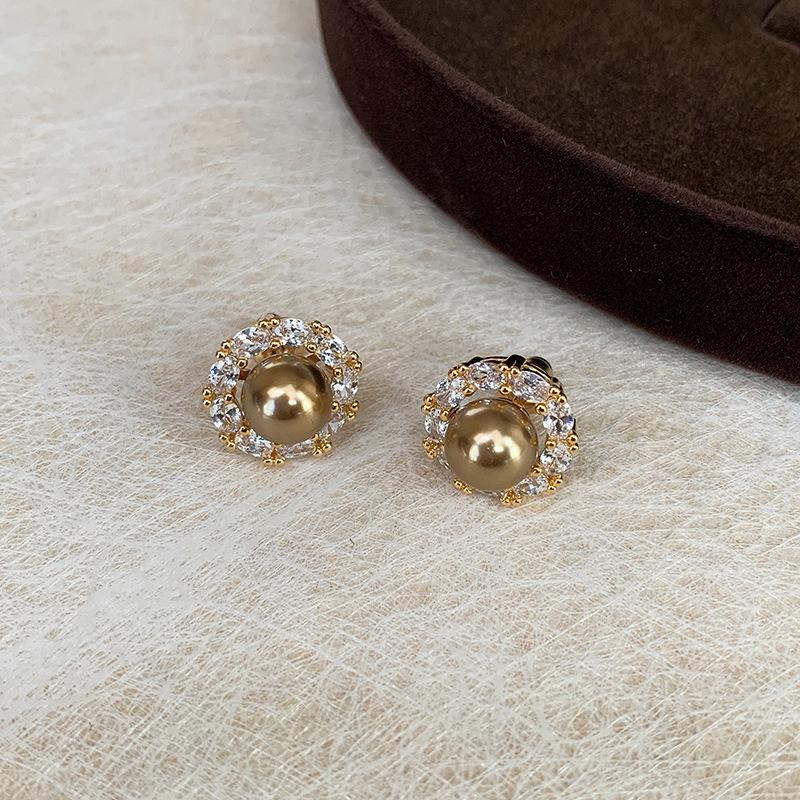 Серьги-гвоздики с цирконом и круглой жемчужиной  Серебряная игла  Французский ретро Повседневные Универсальные Серьги Серьги Женские