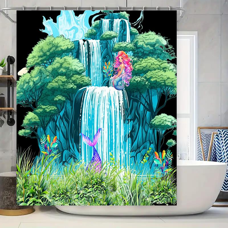 

Colorful Mermaid Shower Curtain Waterfall Bathroom Decor With Tropical Plants W60H190(CM)-1 Pcs