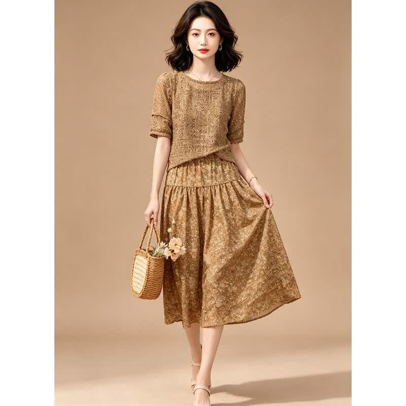 EST+II 2026 Summer Hollow-out Knit Top & Floral Dress Set