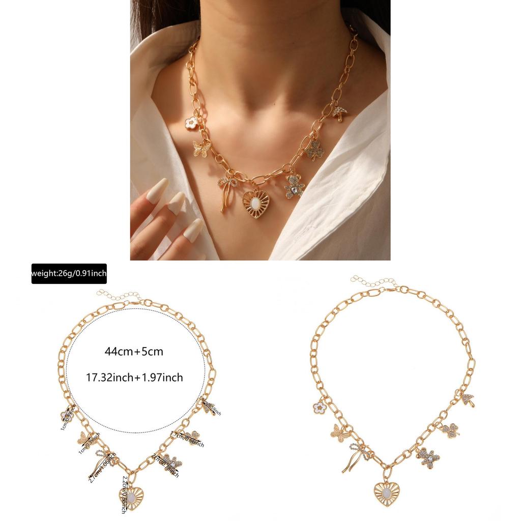 Heart Pendant Necklace For Women With Butterfly Bow And Clover Charm In Silver Plating