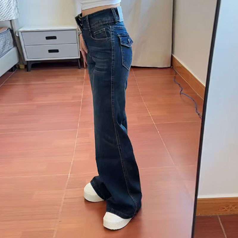 Women's Dark Blue Micro-Flare Low-Rise Jeans - Retro Style Plus Size, Straight Leg for Autumn/Winter.