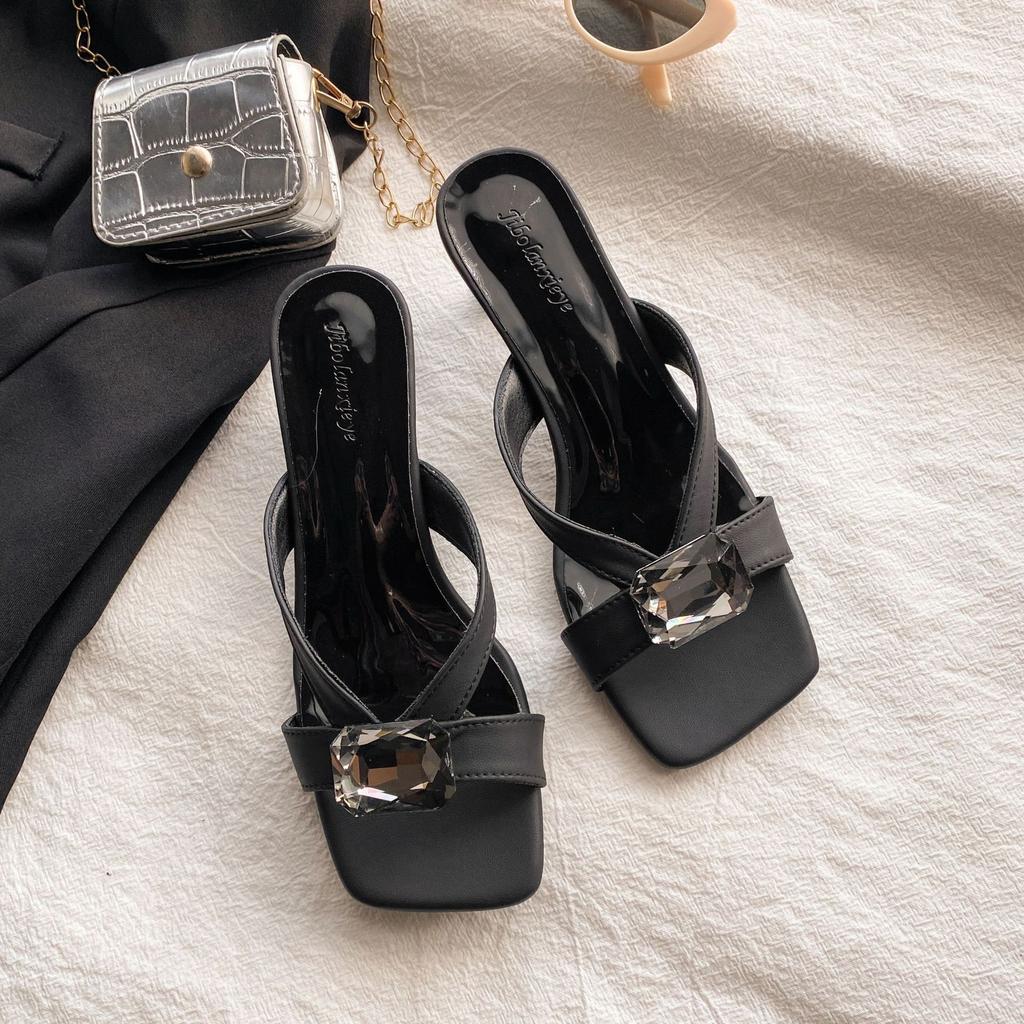 Rhinestone Open-toed Cool Slippers Women's 2025 Summer New Temperament Sexy and Beautiful Square Head Thin Heels Not Tired Feet High Heels