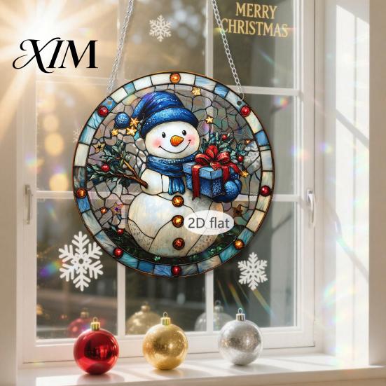 Durable Acrylic Holiday Signage Christmas 2D Hanging Ornaments, Stained Glass Style Snowman Santa Snowflake Colorful Window Decorations Hanger