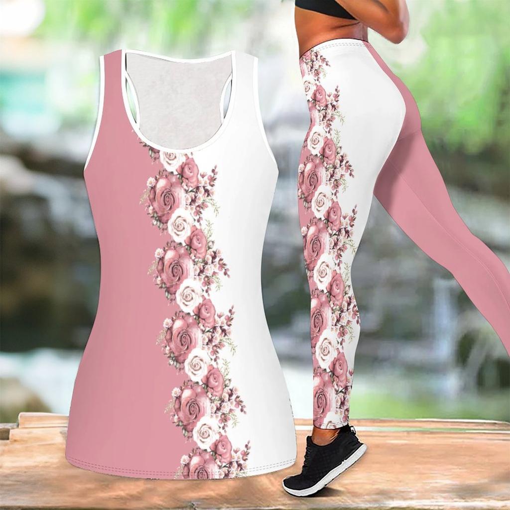Retro Flower Printed Yoga Outfit for Women Fashion Workout Leggings Fitness Sports Casual Yoga Set Sports Suit