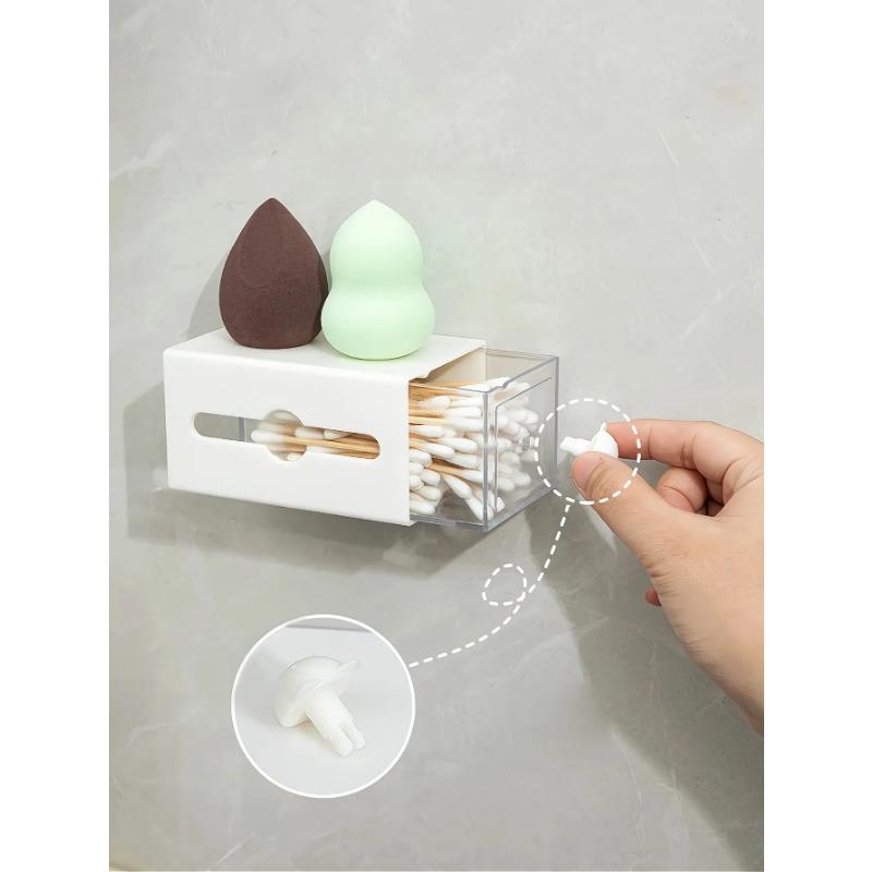 1pc Non Perforated Wall Storage Box Rectangular White Transparent Two-way Drawer For Cotton Swab Bathroom Headband Hair Loop Mini